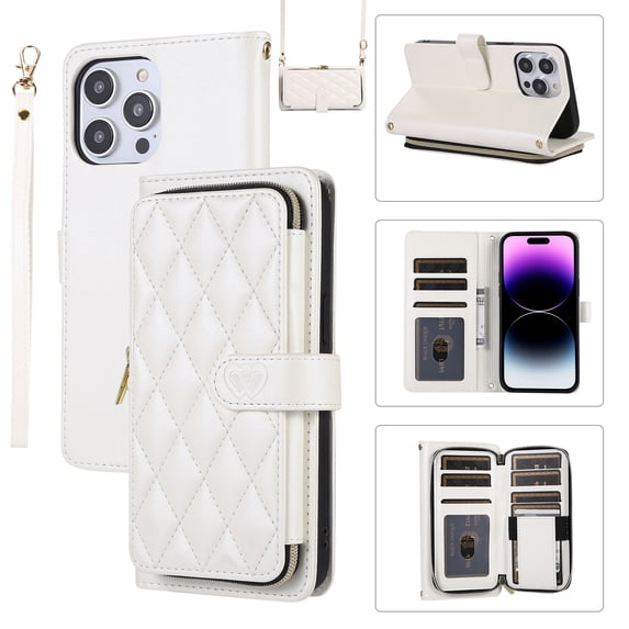 Feishell for iPhone 16 Plus Crossbody Zipper Wallet Phone Case,for Women Men,Premium PU Leather Shockproof Magnetic Clasp Credit Card Slots Kickstand Phone Case with Shoulder & Wrist Strap,White