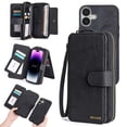 thumbnail image 1 of Feishell for iPhone 16 Plus Multi-Function Wallet Case, with Wrist Strap, Premium PU Leather 2 in 1 Magnetic Detachable Purse 14 Card Holder Slots Zipper Pocket Phone Case for Women Men,Black, 1 of 8