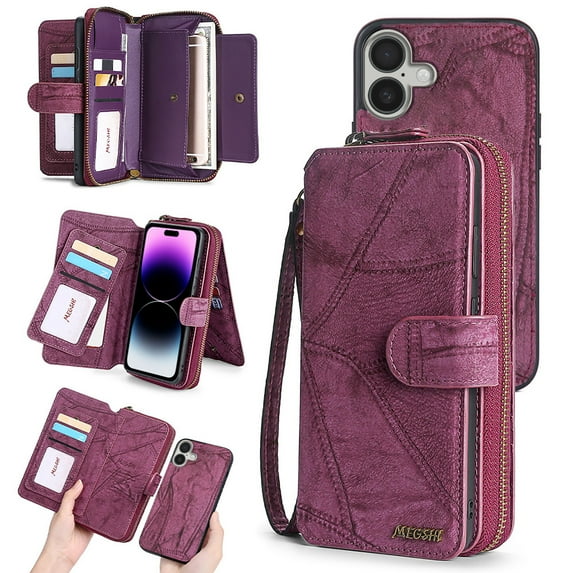 Feishell for iPhone 16 Plus Multi-Function Wallet Case, with Wrist Strap, Premium PU Leather 2 in 1 Magnetic Detachable Purse 14 Card Holder Slots Zipper Pocket Phone Case for Women Men,Winered