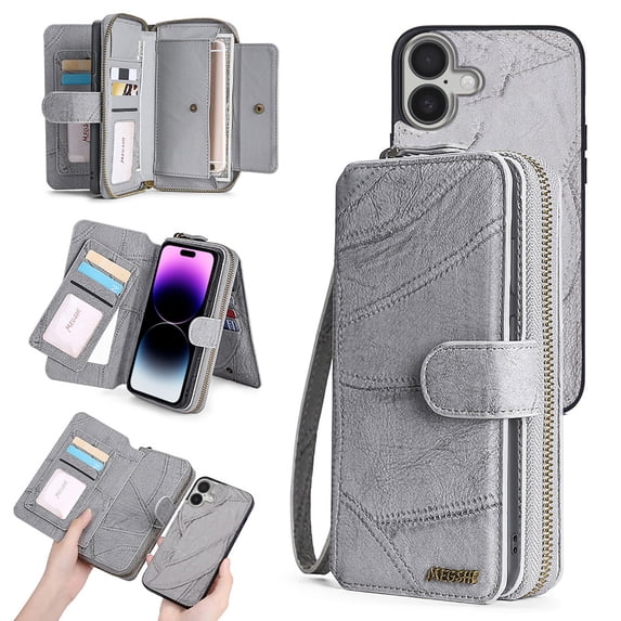 Feishell for iPhone 16 Plus Multi-Function Wallet Case, with Wrist Strap, Premium PU Leather 2 in 1 Magnetic Detachable Purse 14 Card Holder Slots Zipper Pocket Phone Case for Women Men,Gray