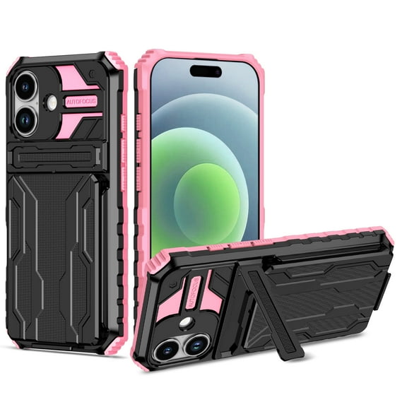 Feishell for iPhone 16 Plus Wallet Case with Credit Card Holder Stand Kickstand Rugged Hard PC + Soft TPU Shockproof Heavy Duty Drop Armor [Military Grade Protection] Grip Phone Case, Pink