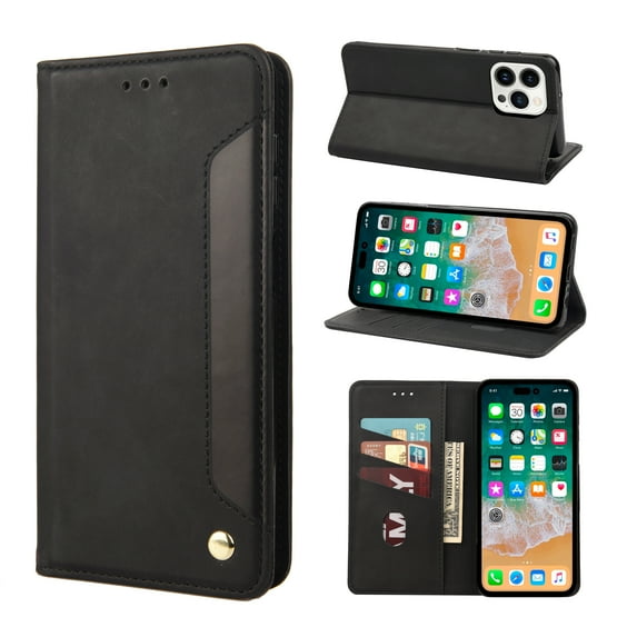 Feishell for iPhone 16 Plus Wallet Case,Shockproof Premium PU Leather Magnetic Closure Card Slots Cash Pocket TPU Bumper Shock Absorbing Flip Kickstand Retro Business Phone Cover,Black