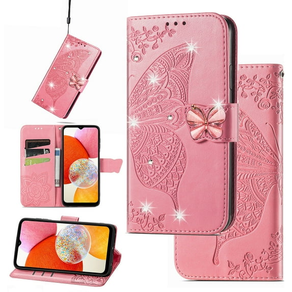 Feishell for iPhone 16 Plus Wallet Case for Women Girls,Bling Diamond Butterfly Embossed PU Leather Magnetic Clasp Flip Kickstand ID Credit Card Slots Phone Case with Wrist Strap,Pink