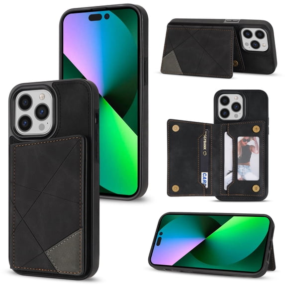Feishell for iPhone 16 Pro Back Flip Case with Credit Card Slots,Shockproof Durable PU Leather Magnetic Button Adjustable Kickstand Wallet Phone Case for Women Men,Black