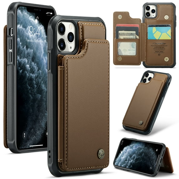 Feishell for iPhone 16 Pro Case with Card Holder, Wallet Case for Women Men with RFID Blocking, Durable PU Leather Kickstand Magnetic Clasp Shockproof Phone Case,Brown