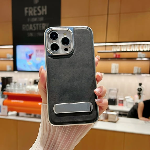 Feishell for iPhone 16 Pro Case, Slim Leather Luxury Business PU Non-Slip Grip Rugged Bumper Shockproof Anti-Scratch with Hidden Kickstand Protective Cover Phone Cases for iPhone 16 Pro, Black