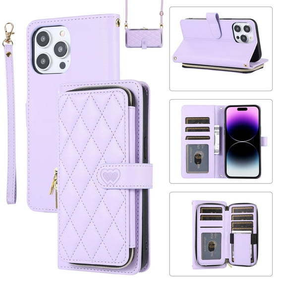 Feishell for iPhone 16 Pro Crossbody Zipper Wallet Phone Case,for Women Men,Premium PU Leather Shockproof Magnetic Clasp Credit Card Slots Kickstand Phone Case with Shoulder & Wrist Strap,Purple