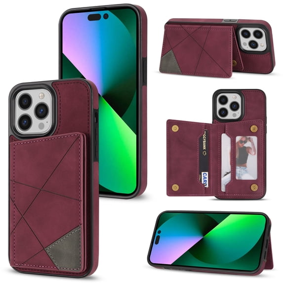 Feishell for iPhone 16 Pro Max Back Flip Case with Credit Card Slots,Shockproof Durable PU Leather Magnetic Button Adjustable Kickstand Wallet Phone Case for Women Men,Winered