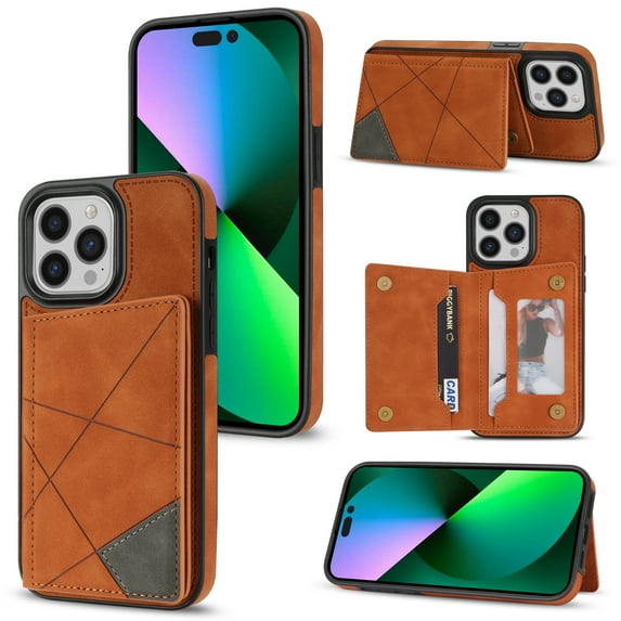 Feishell for iPhone 16 Pro Max Back Flip Case with Credit Card Slots,Shockproof Durable PU Leather Magnetic Button Adjustable Kickstand Wallet Phone Case for Women Men,Brown