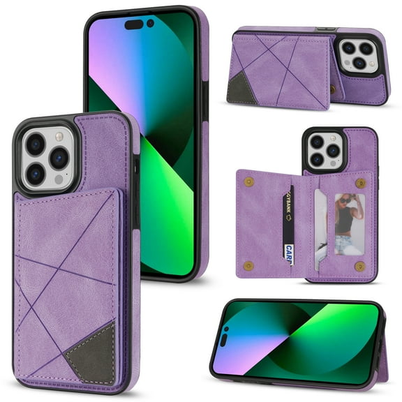 Feishell for iPhone 16 Pro Max Back Flip Case with Credit Card Slots,Shockproof Durable PU Leather Magnetic Button Adjustable Kickstand Wallet Phone Case for Women Men,Purple