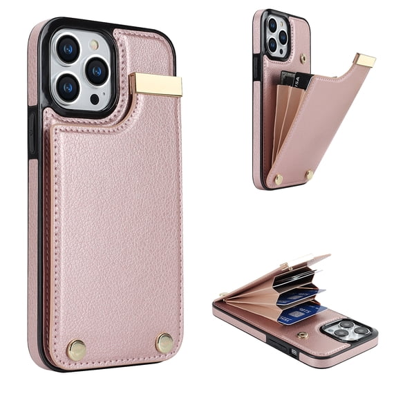 Feishell for iPhone 16 Pro Max Back Wallet Case with Back Accordion Folding Card Holder,Shockproof Premium PU Leather Button RFID Blocking Card Slots Anti-Scratch Phone Case,Rosegold
