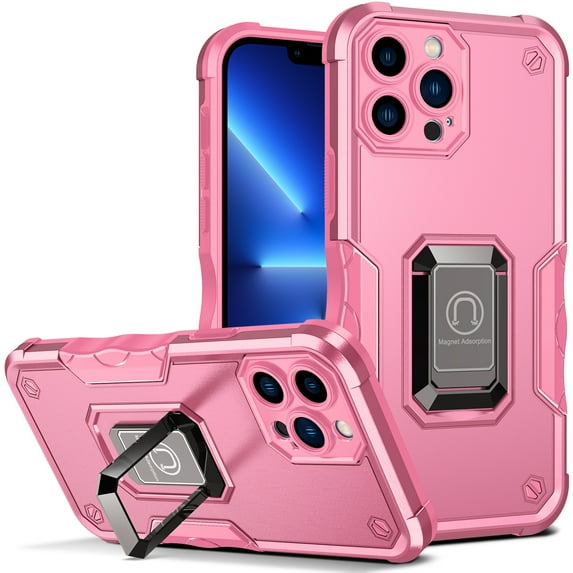 Feishell for iPhone 16 Pro Max Cover with Metal Ring Folding Kickstand,Drop Protection Magnetic Car Mount Shockproof Durable Dual Layer Hybrid Rugged Protective Phone Case,Pink