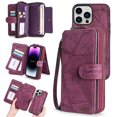 thumbnail image 1 of Feishell for iPhone 16 Pro Max Multi-Function Wallet Case, with Wrist Strap, Premium PU Leather 2 in 1 Magnetic Detachable Purse 14 Card Holder Slots Zipper Pocket Phone Case for Women Men,Winered, 1 of 8
