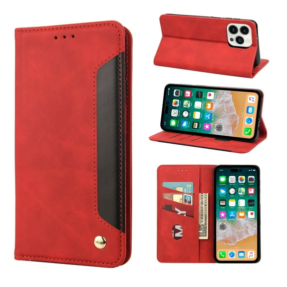 Feishell for iPhone 16 Pro Max Wallet Case,Shockproof Premium PU Leather Magnetic Closure Card Slots Cash Pocket TPU Bumper Shock Absorbing Flip Kickstand Retro Business Phone Cover,Red