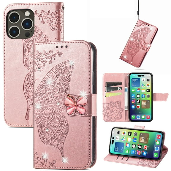 Feishell for iPhone 16 Pro Max Wallet Case for Women Girls,Bling Diamond Butterfly Embossed PU Leather Magnetic Clasp Flip Kickstand ID Credit Card Slots Phone Case with Wrist Strap,Rosegold