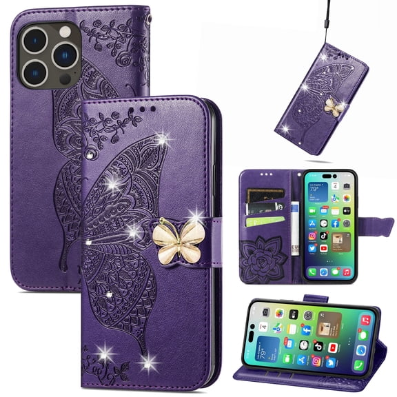 Feishell for iPhone 16 Pro Max Wallet Case for Women Girls,Bling Diamond Butterfly Embossed PU Leather Magnetic Clasp Flip Kickstand ID Credit Card Slots Phone Case with Wrist Strap,Purple