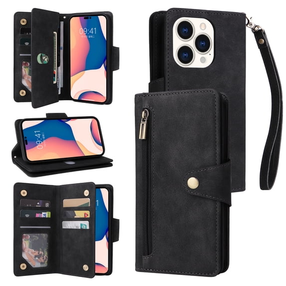 Feishell for iPhone 16 Pro Max Wallet Case with Wrist Strap,Premium PU Leather Zipper Pocket Magnetic Buckle Folio Flip ID Credit Card Slots Shockproof Kickstand Phone Case for Women Men,Black