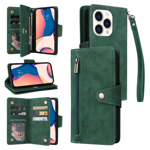 Feishell for iPhone 16 Pro Max Wallet Case with Wrist Strap,Premium PU Leather Zipper Pocket Magnetic Buckle Folio Flip ID Credit Card Slots Shockproof Kickstand Phone Case for Women Men,Green