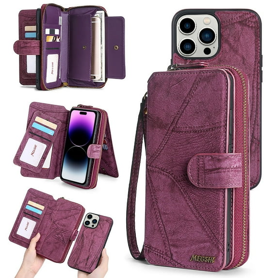 Feishell for iPhone 16 Pro Multi-Function Wallet Case, with Wrist Strap, Premium PU Leather 2 in 1 Magnetic Detachable Purse 14 Card Holder Slots Zipper Pocket Phone Case for Women Men,Winered