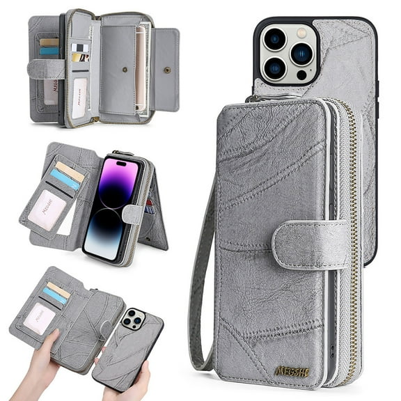 Feishell for iPhone 16 Pro Multi-Function Wallet Case, with Wrist Strap, Premium PU Leather 2 in 1 Magnetic Detachable Purse 14 Card Holder Slots Zipper Pocket Phone Case for Women Men,Gray