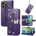 thumbnail image 1 of Feishell for iPhone 16 Pro Wallet Case for Women Girls,Bling Diamond Butterfly Embossed PU Leather Magnetic Clasp Flip Kickstand ID Credit Card Slots Phone Case with Wrist Strap,Purple, 1 of 10