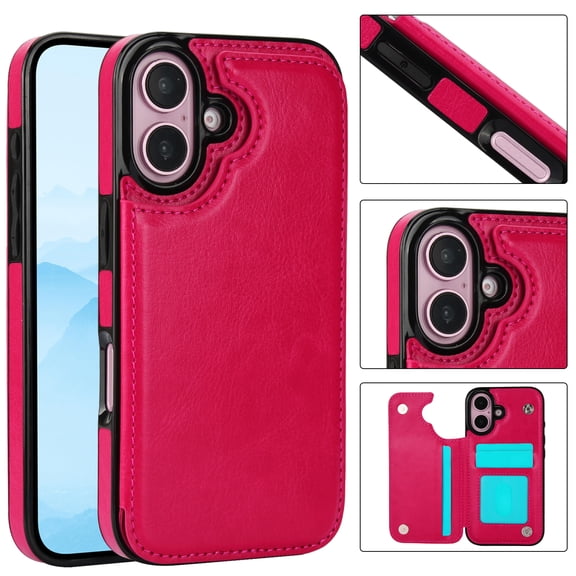 Feishell for iPhone 16 Wallet Case with Card Holder,Double Magnetic Clasp Back Flip Kickstand Durable PU Leather Shockproof Card Slots Protective Phone Case for Women Men,Rose