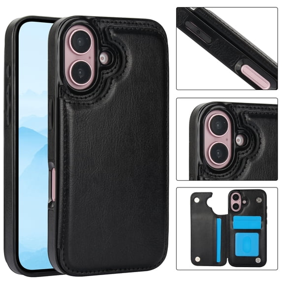 Feishell for iPhone 16 Wallet Case with Card Holder,Double Magnetic Clasp Back Flip Kickstand Durable PU Leather Shockproof Card Slots Protective Phone Case for Women Men,Black