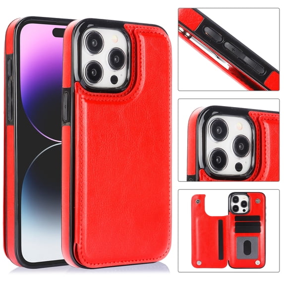 Feishell for iPhone 16 Wallet Case with Card Holder,Double Magnetic Clasp Back Flip Kickstand Durable PU Leather Shockproof Card Slots Protective Phone Case for Women Men,Red
