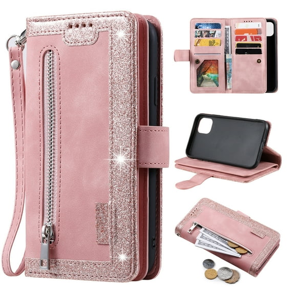 Feishell for iPhone 16 Wallet Case with Wrist Strap,for Women Men,Luxury PU Leather Zipper Pocket Magnetic Clasp Folio Flip Holder ID Credit Card Slots Shockproof Phone Cover,Rosegold