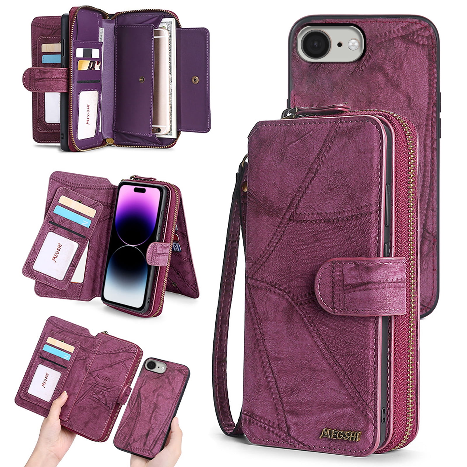Feishell for iPhone 16e Multi-Function Wallet Case, with Wrist Strap, Premium PU Leather 2 in 1 Magnetic Detachable Purse 14 Card Holder Slots Zipper Pocket Phone Case for Women Men,Winered