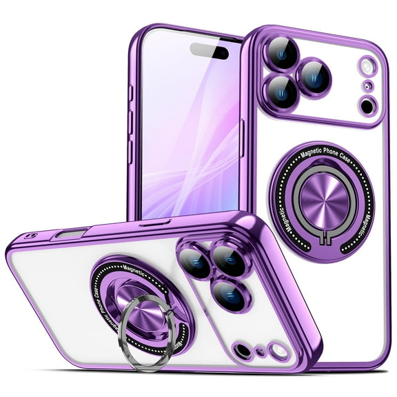 Feishell for iPhone 17 Pro Case with Camera Lens Film Protection & Ring Stand [360° Rotatable Ring Holder Magnetic Kickstand] [Support Car Mount] Transparent Shockproof Phone Cover,Purple