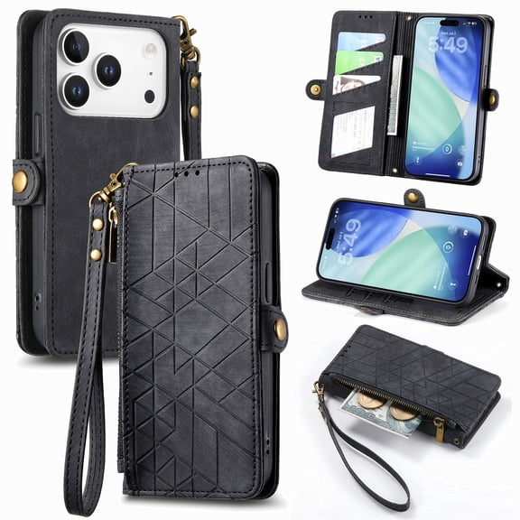 Feishell for iPhone 17 Pro Case Wallet,Retro High Quality Zipper Pouch PU Leather Strap Flip Case with Magnetic Closure,[RFID Blocking] Card Holder Kickstand for iPhone 17 Pro,Black
