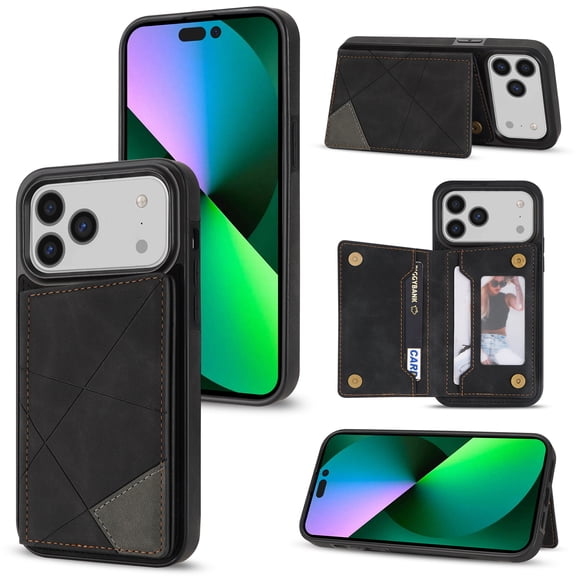 Feishell for iPhone 17 Pro Max Back Flip Case with Credit Card Slots,Shockproof Durable PU Leather Magnetic Button Adjustable Kickstand Wallet Phone Case for Women Men,Black