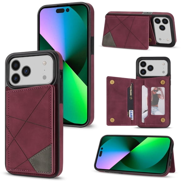Feishell for iPhone 17 Pro Max Back Flip Case with Credit Card Slots,Shockproof Durable PU Leather Magnetic Button Adjustable Kickstand Wallet Phone Case for Women Men,Winered