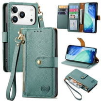 Feishell for iPhone 17 Pro Max Case,RFID Blocking Wallet Case for Women Men,Premium PU Leather Credit Card Holder Zipper Pocket Magnetic Buckle Flip Kickstand Phone Case with Wrist Strap,Green