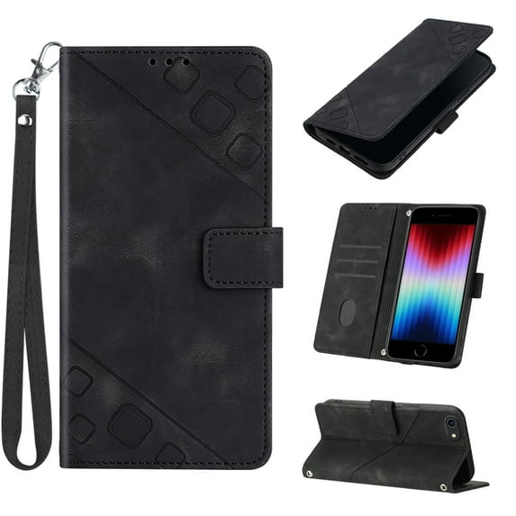 Feishell for iPhone 7 / 8 / SE 2020 / SE 2022 4.7 inch Wallet Case with Wrist Strap,Flip Cover with Embossed Pattern PU Leather Kickstand Card Slots Magnetic Clasp Folio Purse Phone Case,Black