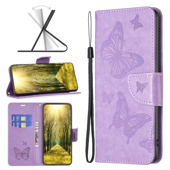 Feishell iPhone 7 / 8 / SE 2020 / SE 2022 Case Butterfly Embossed Pattern Premium Leather Wallet Cover Flip Stand Card Slots Holder Magnetic with Wrist Strap Case, Purple