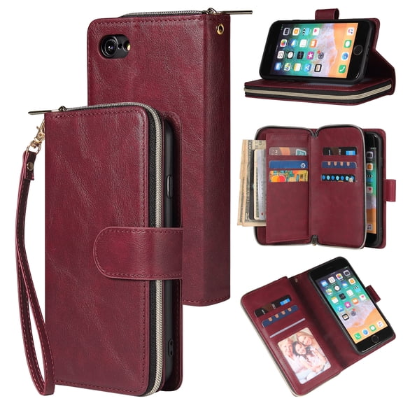 Feishell for iPhone 7 / 8 / SE 2020 / SE 2022 Wallet Case for Women Men,Premium PU Leather Magnetic Clasp Zipper 9 Card Slots Folio Flip Holder Shockproof Purse Phone Case with Wrist Strap,Winered