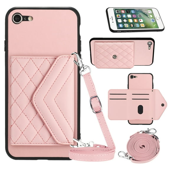 Feishell for iPhone 7 / 8 / SE 2020 / SE 2022 Case Wallet RFID Blocking Card Slot Holder, Magnetic Flip Kickstand Folio Purse Case, PU Leather Handbag with Detachable Crossbody Strap, Pink