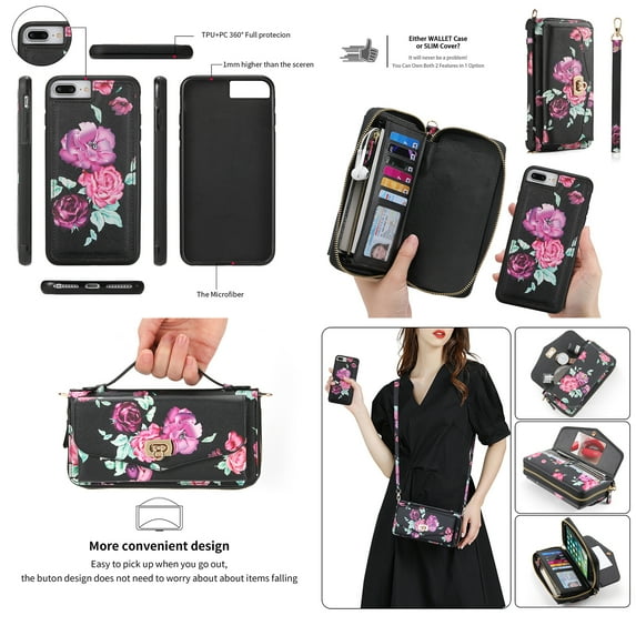 Feishell for iPhone 7/8/SE 2020/SE 2022 Crossbody Wallet Detachable Case,for Women Girls,Flower Pattern PU Leather RFID Blocking Multi Card Slots Zipper Phone Case with Shoulder & Hand Strap,Black