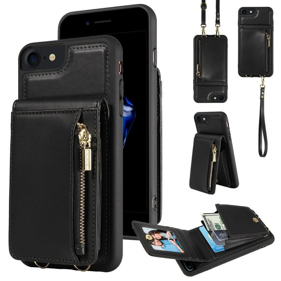 Feishell for iPhone 7/8/SE 2020/SE 2022 Crossbody Wallet Phone Case with Hand Strap & Shoulder Strap,Premium PU Leather RFID Blocking Card Slots Zipper Pocket Back Purse Kickstand Phone Case,Black