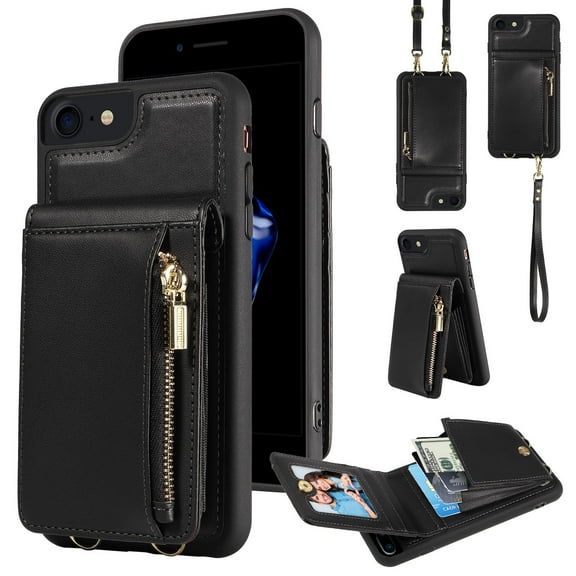 Feishell for iPhone 7/8/SE 2020/SE 2022 Crossbody Wallet Phone Case with Hand Strap & Shoulder Strap,Premium PU Leather RFID Blocking Card Slots Zipper Pocket Back Purse Kickstand Phone Case,Black