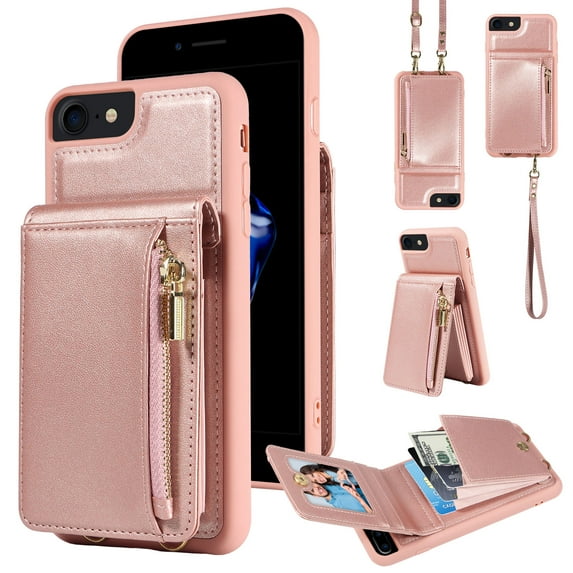 Feishell for iPhone 7/8/SE 2020/SE 2022 Crossbody Wallet Phone Case with Hand Strap & Shoulder Strap,Premium PU Leather RFID Blocking Card Slots Zipper Pocket Back Purse Kickstand Phone Case,Rosegold