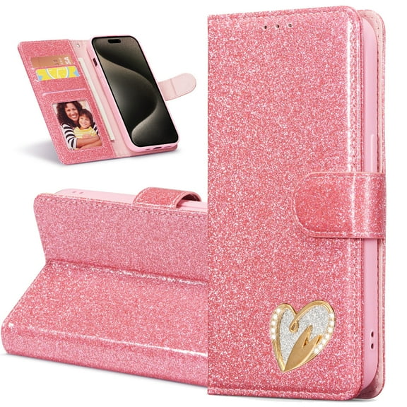 Feishell for iPhone 7/8/SE 2020/SE 2022 Glitter Wallet Case, for Women Girls, Sparkling PU Leather with Cute Loving Heart Diamond Magnetic Flip Kickstand RFID Blocking Card Slots Phone Case,Pink