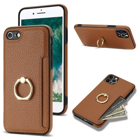 Feishell for iPhone 7 / 8/ SE 2020/ SE 2022 Wallet Case with Card Holder, 360°Rotation Ring Holder Kickstand, Premium PU Leather RFID Blocking Card Pocket Protective Cover, Brown