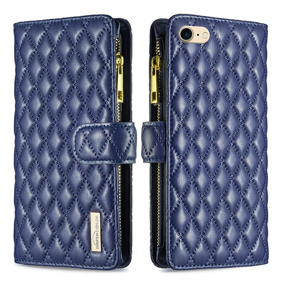 Feishell for iPhone 7/8/SE 2020/SE 2022 Zipper Wallet Phone Case,for Women Men,Luxury PU Leather Cover with 9 Credit Card Slots Magnetic Clasp Flip Holder Protective Case with Wrist Strap, Blue