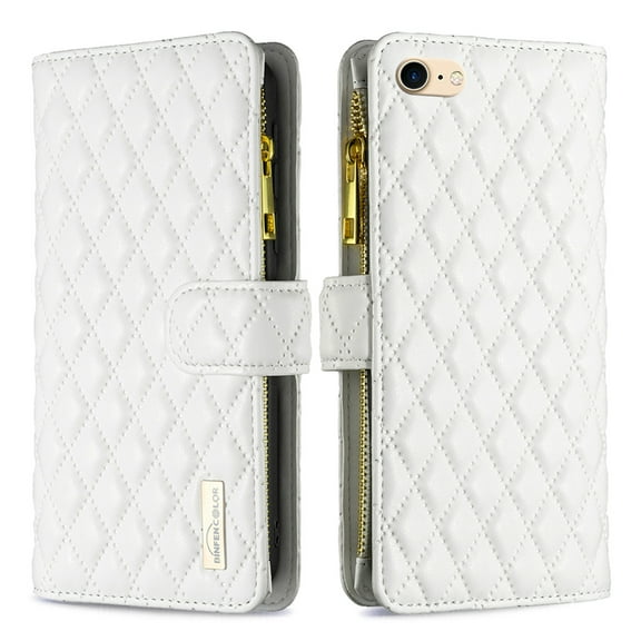 Feishell for iPhone 7/8/SE 2020/SE 2022 Zipper Wallet Phone Case,for Women Men,Luxury PU Leather Cover with 9 Credit Card Slots Magnetic Clasp Flip Holder Protective Case with Wrist Strap, White