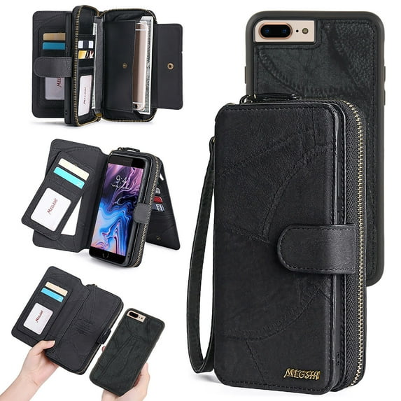 Feishell for iPhone 7 Plus/8 Plus Multi-Function Wallet Case, with Wrist Strap, Premium PU Leather 2 in 1 Magnetic Detachable Purse 14 Card Holder Slots Zipper Pocket Phone Case for Women Men,Black