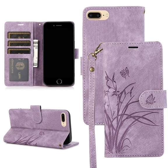 Feishell for iPhone 7 Plus/8 Plus Wallet Case with Wrist Strap, [Butterflies & Orchid Embossed] Premium PU Leather Magnetic Clasp Cover with Card Slots Kickstand Flip Phone Case for Women Men,Purple