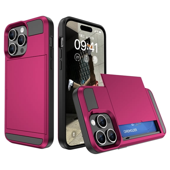 Feishell for iPhone 7 Plus/iPhone 8 Plus Case with ID Credit Card Holder, Dual Layer Shockproof Hidden Sliding Card Slot Wallet Anti-Scratch Hard Shell Back Cover Slim Phone Case,Rose